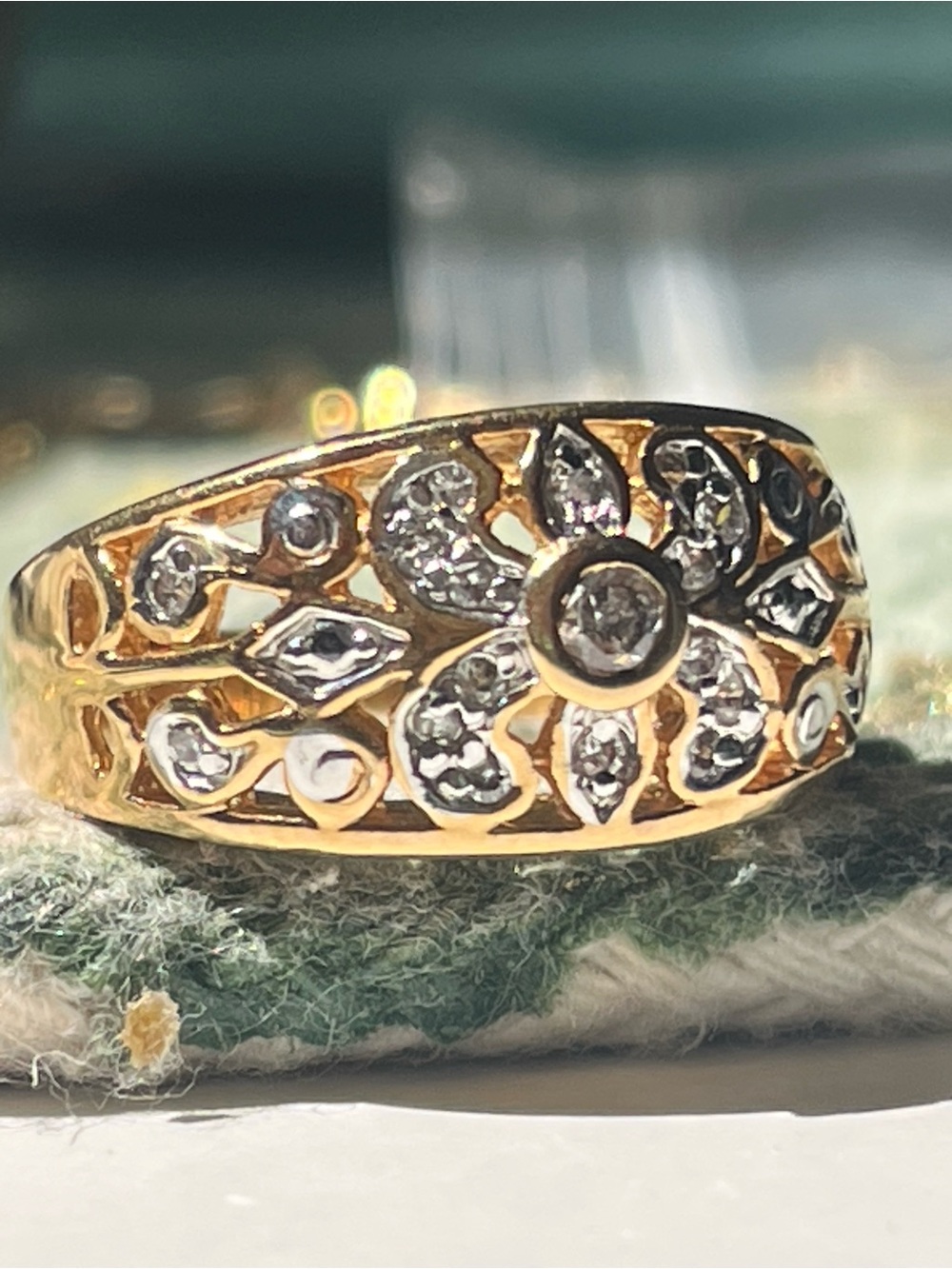 Coper Floral Filigree Ring with Clear Stone Accents - Women Jewelry